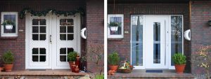 links: vor der Maßnahme | WIRUS Kunststoff-Fenster MD73 | Rahmen: 5-Kammer-System, 73 mm Bautiefe, Uf-Wert 1,3W/m²K | Glas: 3-fach-Wärmeschutz-Glas, Ug-Wert 0,6 W/m²K, WK-2 Beschlag | Rollladen: GROWE Vorbaurolllden mit E-Antrieb | WIRUS Haustür mit Seitenteil Thermo Top, 84 mm Bautiefe, thermisch getrenntes Aluminium-Profil, 3-fach Verglasung mit Verbundsicherheitsglas außen und einem Designglas in der mittleren Ebene | Montage: RAL-Montage