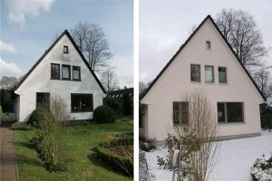 links: vor der Maßnahme | WIRUS Kunststoff-Fenster MD73 | Rahmen: 5-Kammer-System, 73 mm Bautiefe, Uf-Wert 1,3W/m²K | Glas: 3-fach-Wärmeschutz-Glas, Ug-Wert 0,6 W/m²K | WIRUS Haustür Thermo Top, 84 mm Bautiefe, thermisch getrenntes Aluminium-Profil | Montage: Wärmebrückenoptimierte RAL-Montage mit Laibungsdämmung