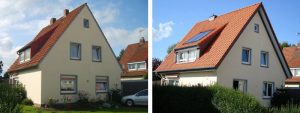 links: vor der Maßnahme | WIRUS Kunststoff-Fenster MD73 | Rahmen: 5-Kammer-System, 73 mm Bautiefe, Uf-Wert 1,3W/m²K | Glas: 3-fach-Wärmeschutz-Glas, Ug-Wert 0,7 W/m²K | Montage: RAL-Montage