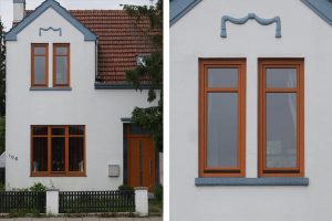 UNILUX Holzfenster | Blend/Flügelrahmen: 72 mm Bautiefe | Glas: 3-fach-Wärmeschutz-Glas, Ug-Wert 0,6 W/m²K | UNILUX-Haustür mit Seitenteilen und Oberlicht