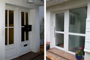 links: vor der Maßnahme | WIRUS Haustür mit Seitenteil Thermo Top, 84 mm Bautiefe, thermisch getrenntes Aluminium-Profil, 3-fach Verglasung mit Verbundsicherheitsglas außen, Edelstahl-Garnitur Montage: RAL-Montage