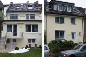 Energetische Sanierung der Gebäudehülle mit Netzwerkpartnern | UNILUX Holz/Aluminium-Fenster | Blend/Flügelrahmen: 82 mm Bautiefe | Glas: 3-fach-Wärmeschutz-Glas, Ug-Wert 0,6 W/m²K, WK-2 Beschlag | UNILUX Holz/Aluminium Haustür mit Seitenteil Edelstahl-Griff-Garnitur | WIRUS Kunststoff-Fenster MD73 | Rahmen: 5-Kammer-System, 73 mm Bautiefe, Uf-Wert 1,3W/m²K | Glas: Wärmeschutz-Glas, Ug-Wert 0,6 W/m²K, WK-2 Beschlag | Rollladen: GROWE Vorbaurollladen mit E-Antrieb | Montage: RAL-Montage