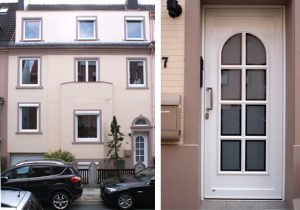 WIRUS Kunststoff-Fenster MD73 | Rahmen: 5-Kammer-System, 73 mm Bautiefe, Uf-Wert 1,3W/m²K | Glas: Wärmeschutz-Glas, Ug-Wert 0,6 W/m²K, WK-2 Beschlag | WIRUS Haustür Thermo Top, 84 mm Bautiefe, thermisch getrenntes Aluminium-Profil, 3-fach Verglasung mit Verbundsicherheitsglas außen und einem Designglas in der mittleren Ebene, Edelstahl-Garnitur
