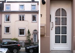 WIRUS Kunststoff-Fenster MD73 | Rahmen: 5-Kammer-System, 73 mm Bautiefe, Uf-Wert 1,3W/m²K | Glas: Wärmeschutz-Glas, Ug-Wert 0,6 W/m²K, WK-2 Beschlag | WIRUS Haustür Thermo Top, 84 mm Bautiefe, thermisch getrenntes Aluminium-Profil, 3-fach Verglasung mit Verbundsicherheitsglas außen und einem Designglas in der mittleren Ebene, Edelstahl-Garnitur