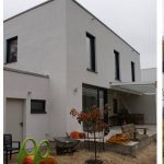 links: vor der Maßnahme | UNILUX Holzfenster und UNILUX Holz/Aluminium-Fenster | Holzfenster: Blend/Flügelrahmen: 72 mm Bautiefe | Glas:3-fach-Wärmeschutz-Glas, Ug-Wert 0,6 W/m²K HÖRMANN Garagensectionaltor mit E-Antrieb, HÖRMANN Aluminium-Haustür mit Seitenteil