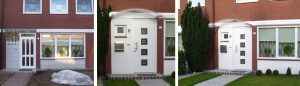 links: vor der Maßnahme | WIRUS Haustür mit Seitenteil Thermo Top | 84 mm Bautiefe, thermisch getrenntes Aluminium-Profil, 3-fach Verglasung mit Verbundsicherheitsglas außen und einem Designglas in der mittleren Ebene DUSAR Vordach