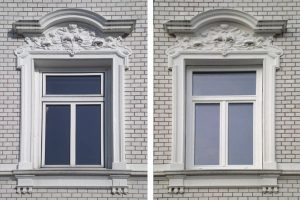 links: vor der Maßnahme | UNILUX Holz-Alu-Fenster | Glas: Wärmeschutz-Glas, Ug-Wert 0,6 W/m²K