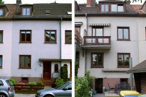 WIRUS Kunststoff-Fenster MD76 | Rahmen: 5-Kammer-System, 76 mm Bautiefe, Uf-Wert 1,2W/m²K | Glas: 3-fach-Solar-Energy-Glas, Ug-Wert 0,6 W/m²K, g-Wert 62%, WK-2 Beschlag | Montage: RAL-Montage Energetische Sanierung der Fenster Uw-Wert der Fenster für das gesamte Bauvorhaben: 0,93 W/m²K