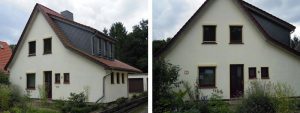 UNILUX Holzfenster | Blend/Flügelrahmen: 72 mm Bautiefe | Glas: 3-fach-Wärmeschutz-Glas, Ug-Wert 0,6 W/m²K, WK-2 Beschlag | UNILUX Holzhaustür | ROMA Rolladen mit E-Antrieb